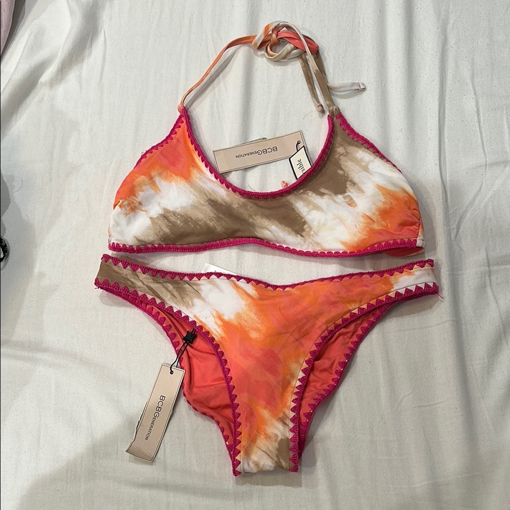 BCBGeneration Reversible Tie-Dye Bikini in Orange and Pink